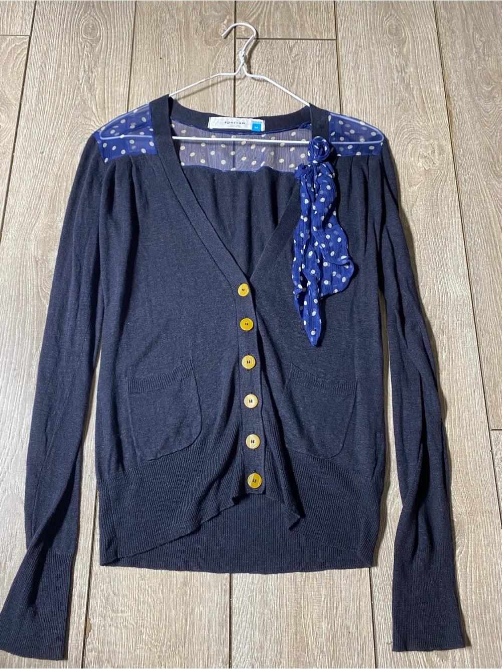 Sparrow Navy Blue Knit Silk Contrast Polka Dot Sheer Bow Accent V-Neck Cardigan